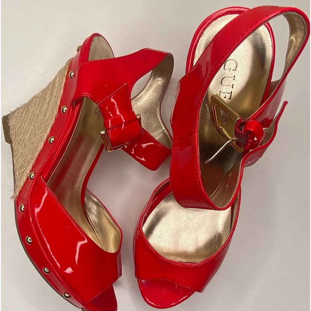 Red GUESS shiny faux leather wedges. Size 8 ½.